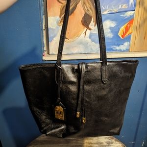 Lauren Ralph Lauren Black Leather Tote with Gold Charm